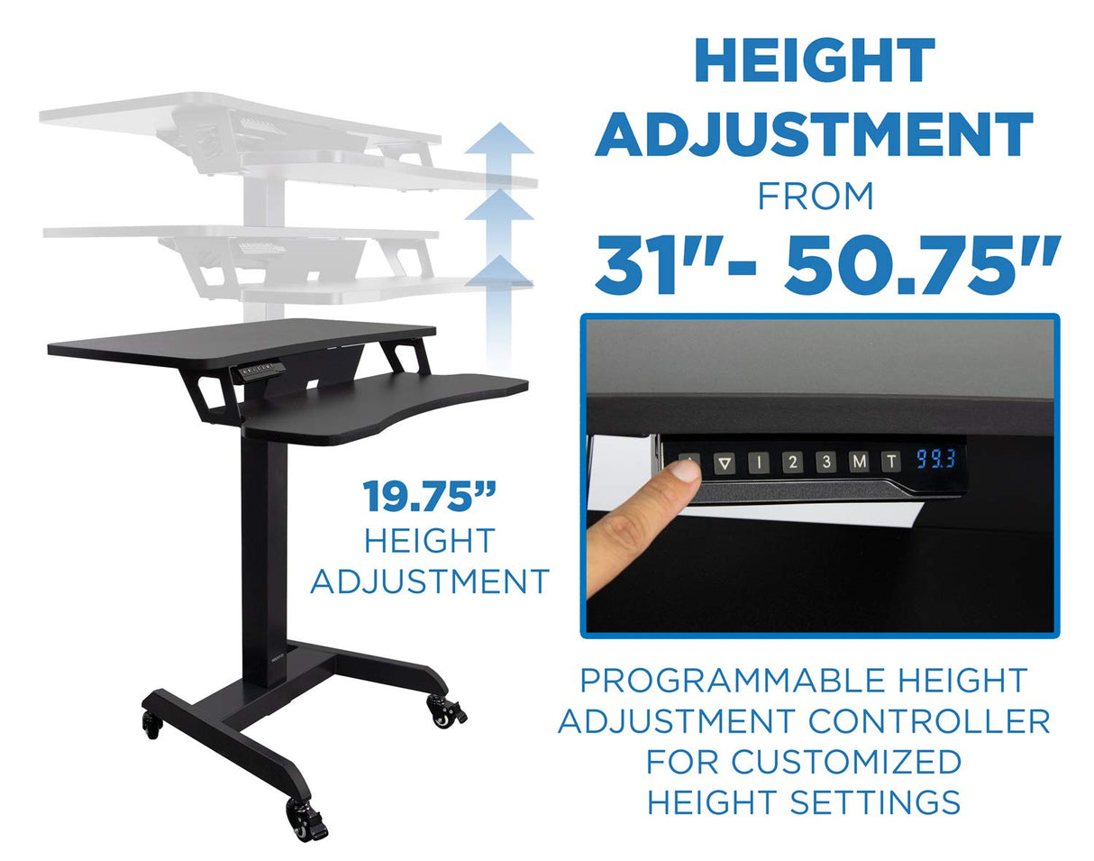 Mount-It! Electric Mobile Height Adjustable Standing Workstation with Wheels | Rolling Sit Stand Workstation with Programmable Height Adjustment Controller | 31.5 x 14.5 in Tabletop