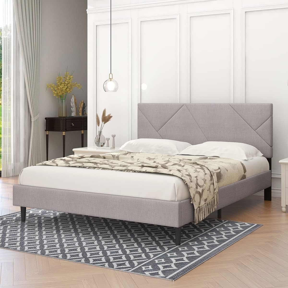 Queen Size Platform Bed Frame, Sqaure Upholstered Bed Frame with Headboard