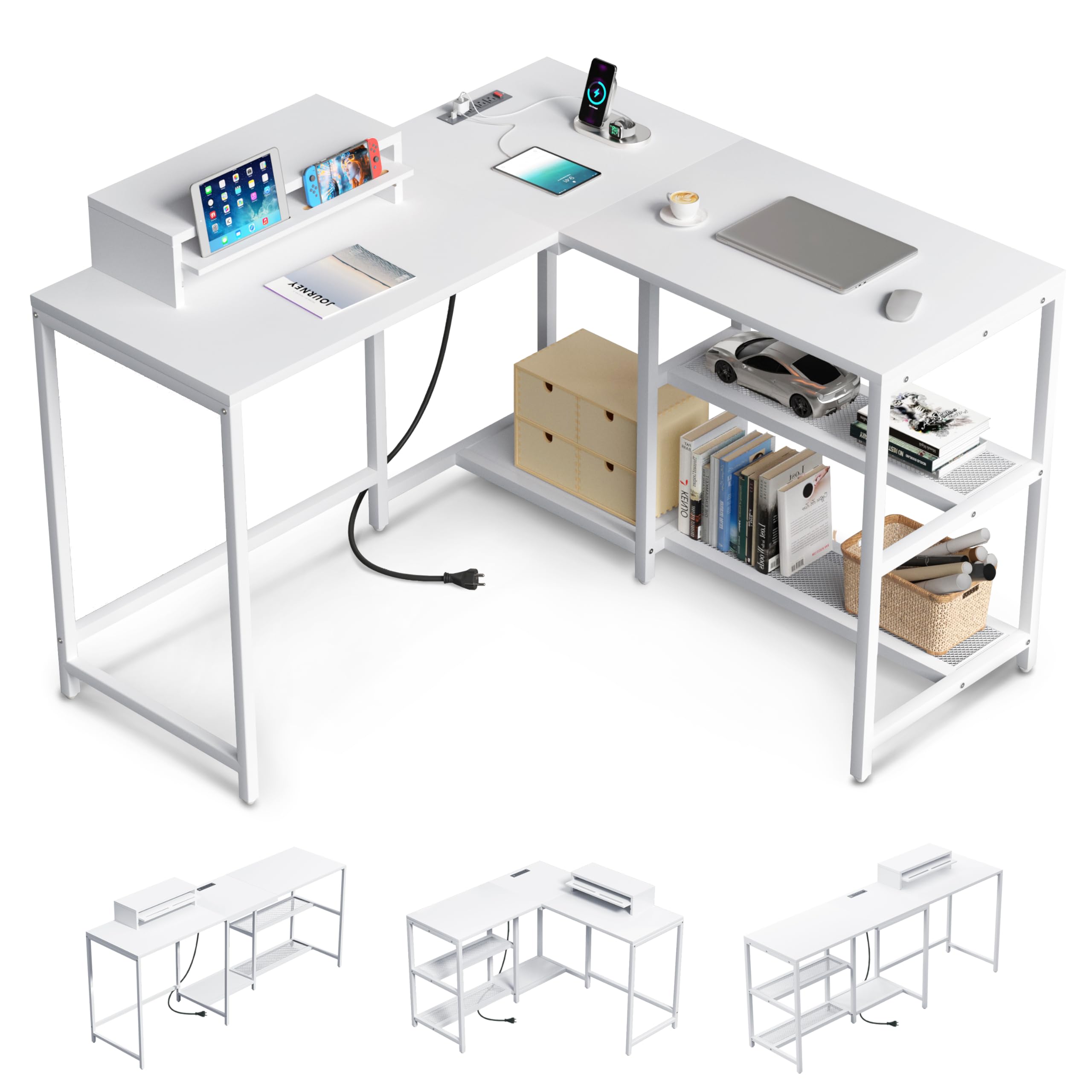 Shaped Desk with Power Outlets, Wood Computer Desk with Monitor Stand and Storage