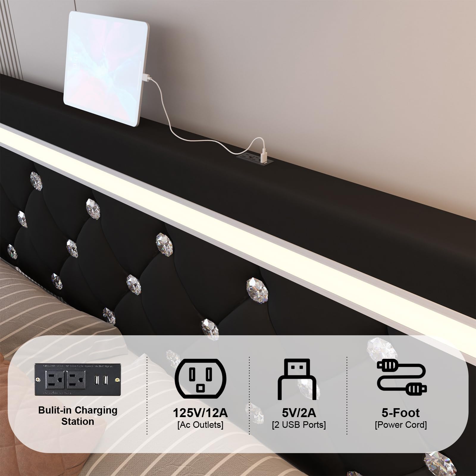 Benevika Queen Size Bed Frame with 4 Drawers and Charge Station, PU Leather Upholstered Bed with Adjustable LED Headboard, Wooden Slats Support, No Box Spring Needed, Black