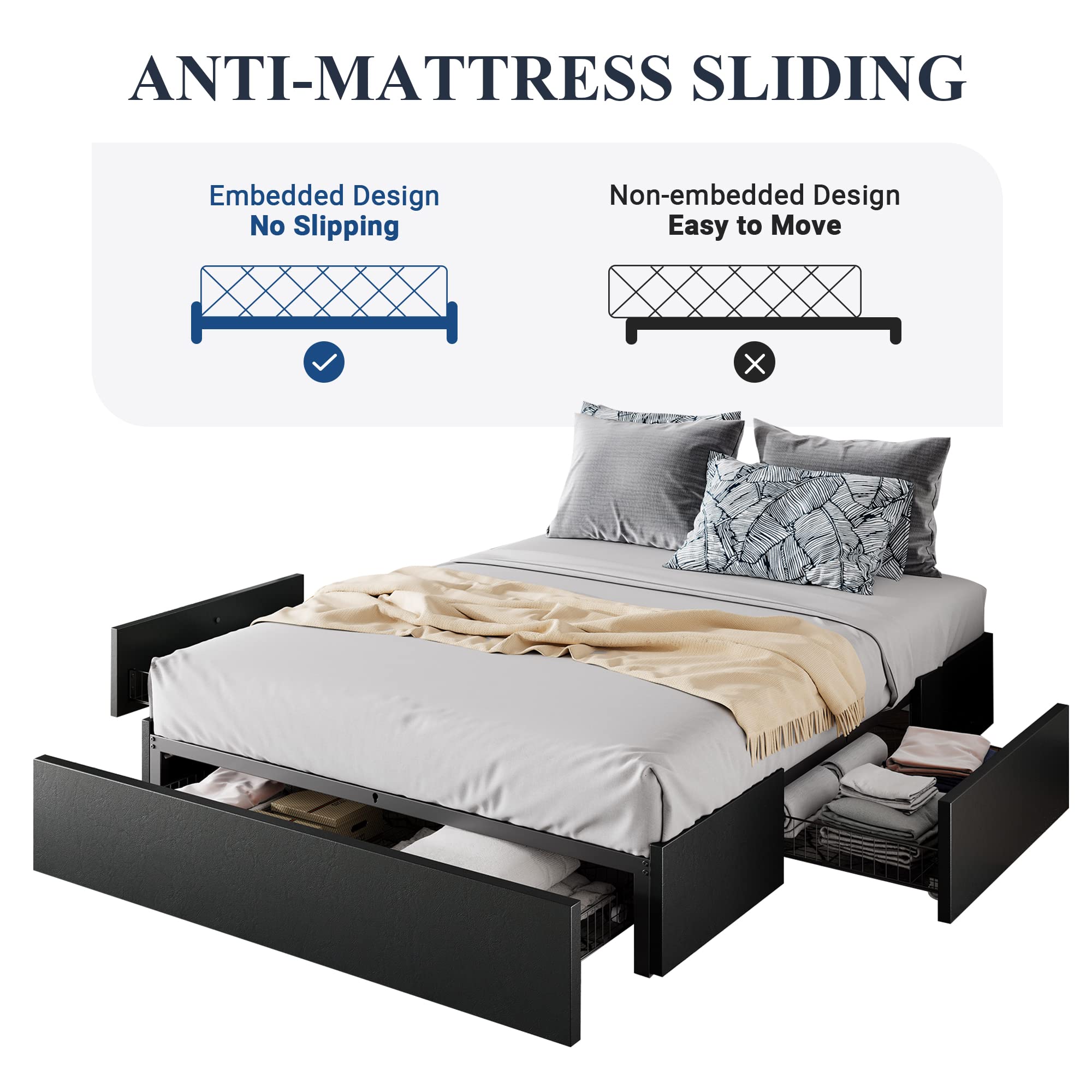 Queen Size Platform Bed Frame with 3 Storage Drawers, Faux Leather Upholstered