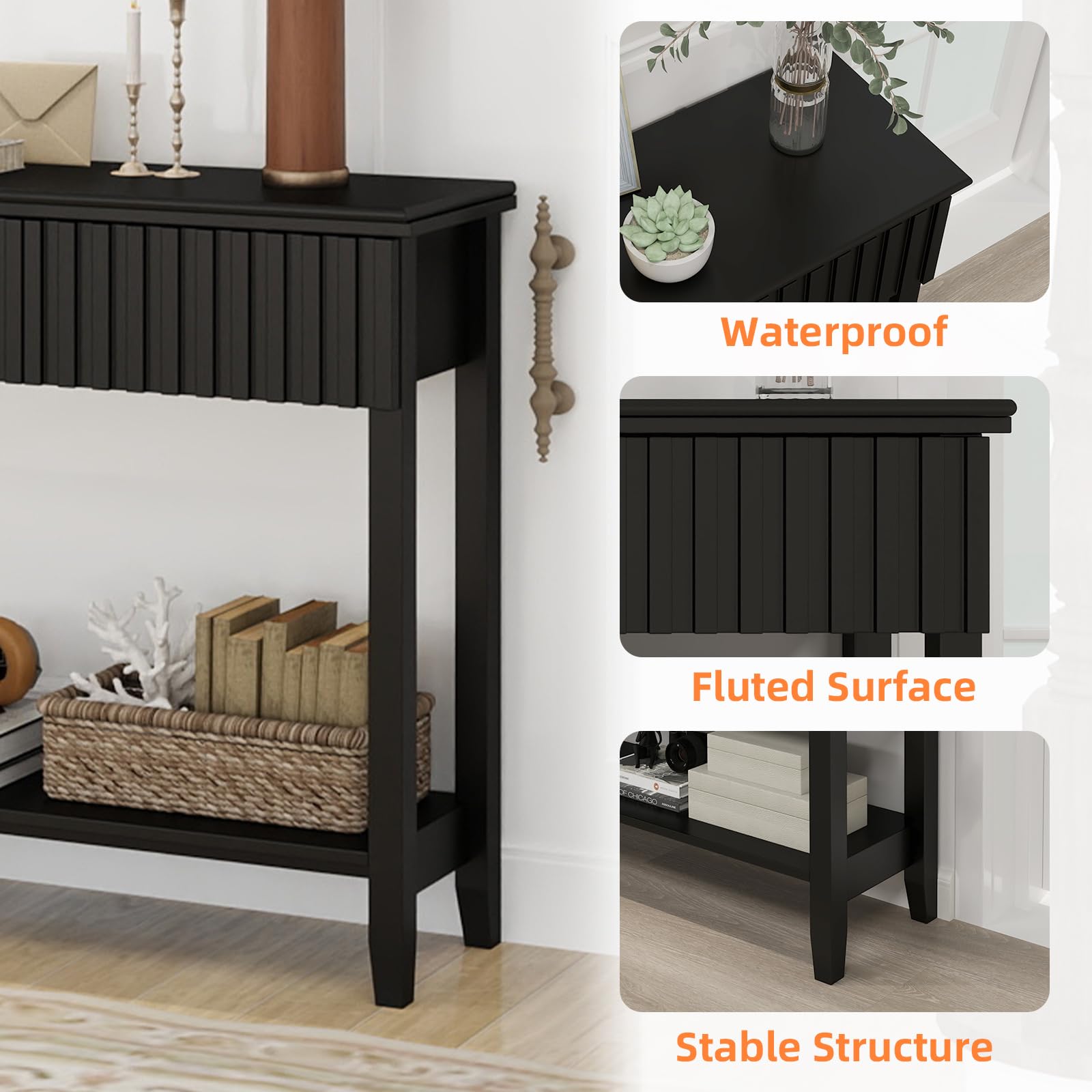 Black Fluted Console Table with 3 Drawers