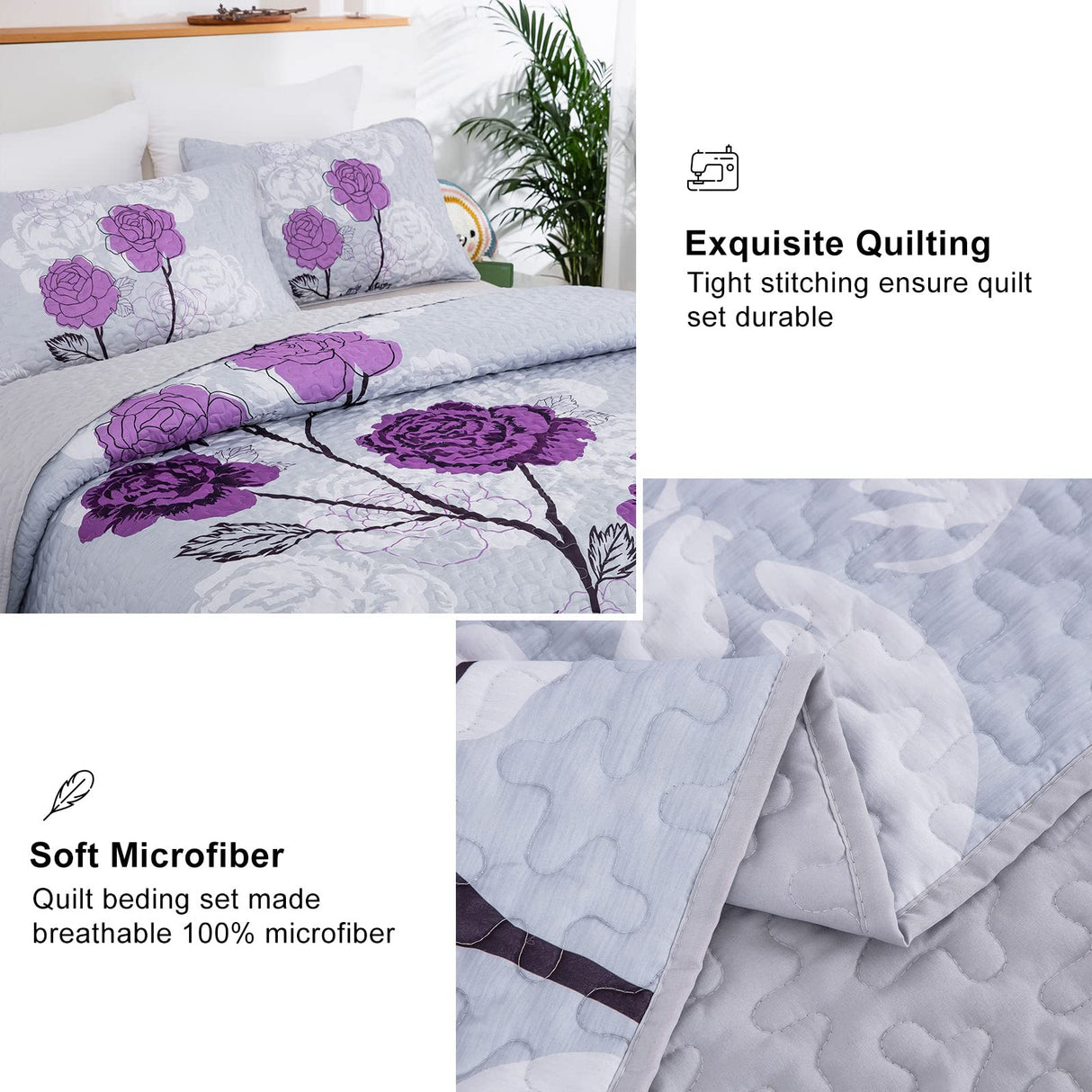 Anibedding Purple Quilt Set Queen Size,Elegant Purple Floral Printed Bedspread Coverlet 3 Pieces Soft Microfiber Bedding Set with 2 Pillowcases for All Season(96"×90")