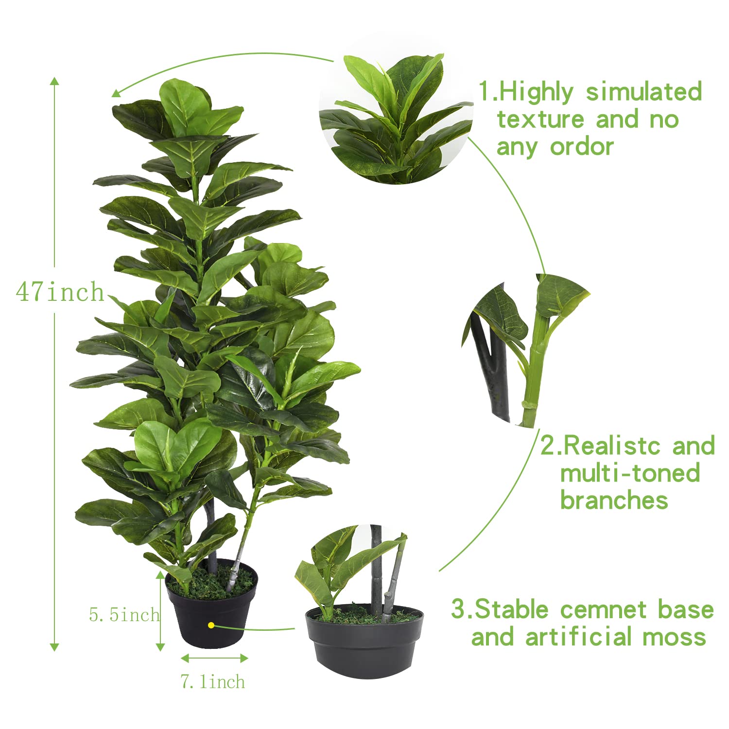 Artificial Fiddle Leaf Fig Tree 4ft Set of 2 - Faux Ficus Plants Indoor Home Decor in Pot