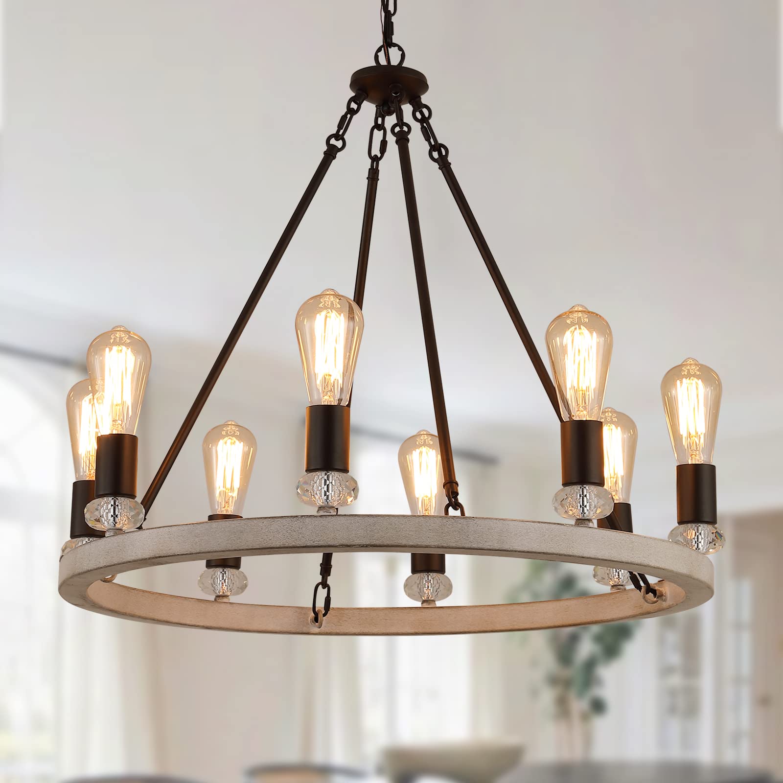 Farmhouse Wagon Wheel Chandelier 8 Light Oak White and ORB Rustic Industrial Metal