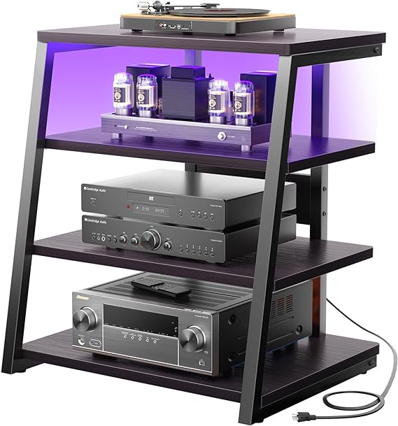 4-Tier AV Media Stand with Power Strips, Corner TV Stand with LED Lights