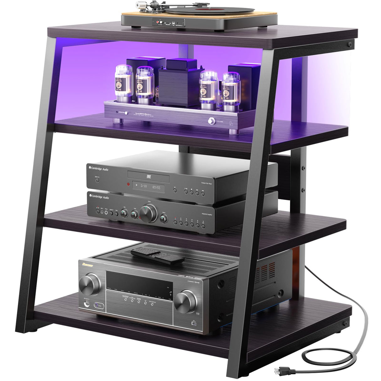 4-Tier AV Media Stand with Power Strips, Corner TV Stand with LED Lights