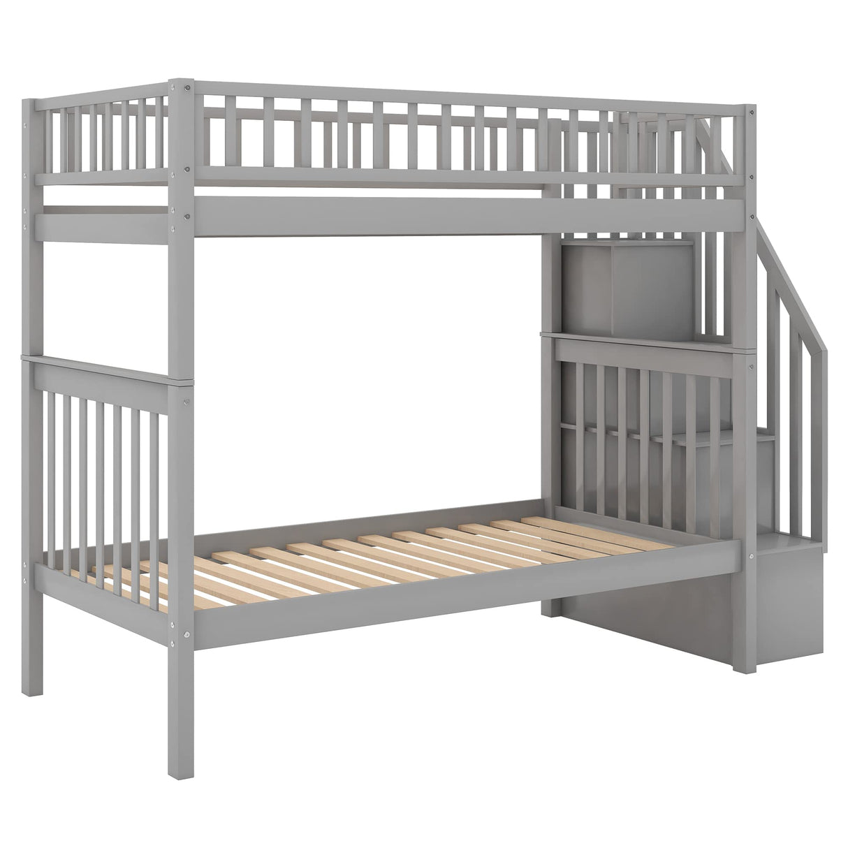 Bunk Beds Twin Over Twin Size, Solid Wood Bunk Beds with Trundle and Stairs for Kids