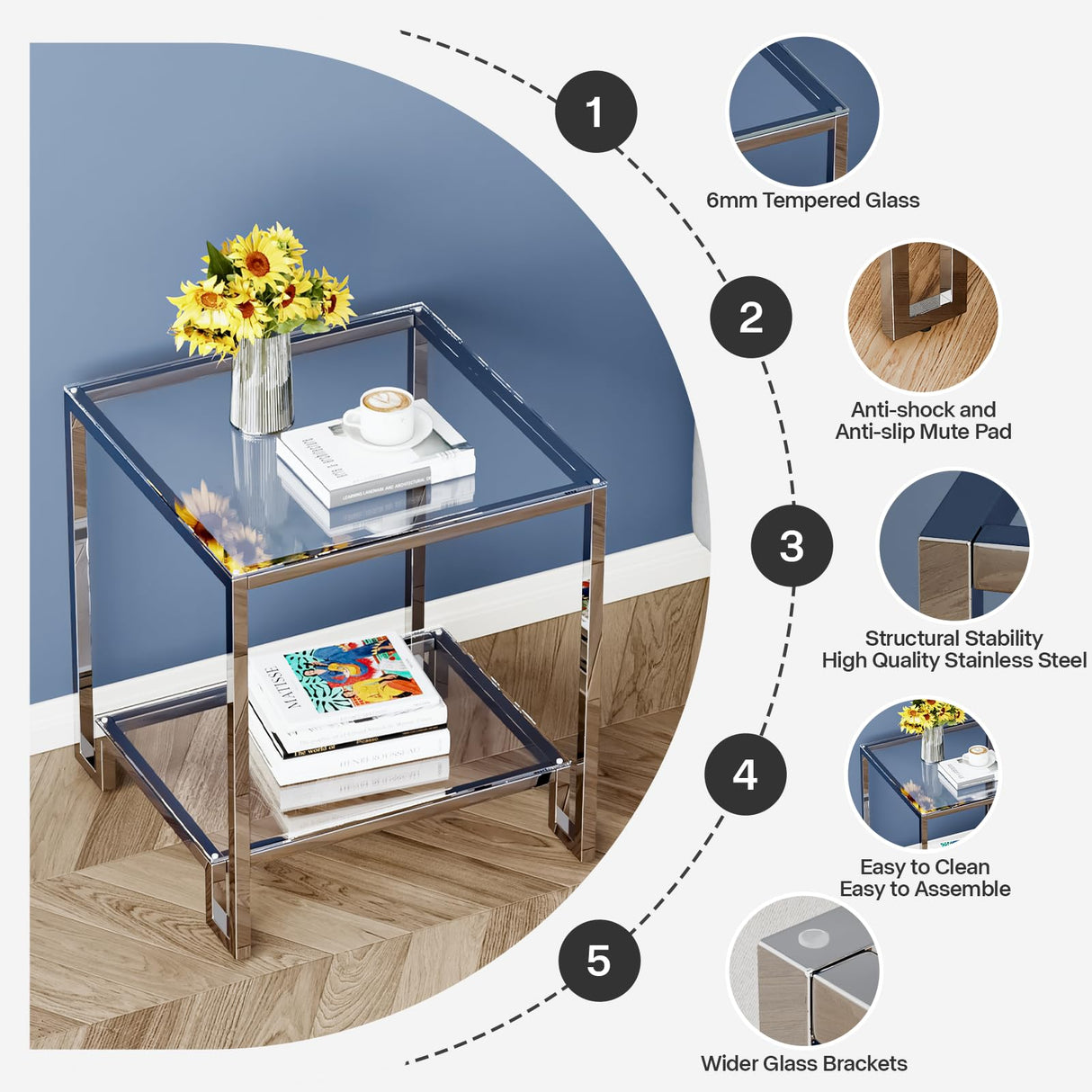 2 Tier Square End Table Side Table with Tempered Glass Top and Silver Stainless Steel