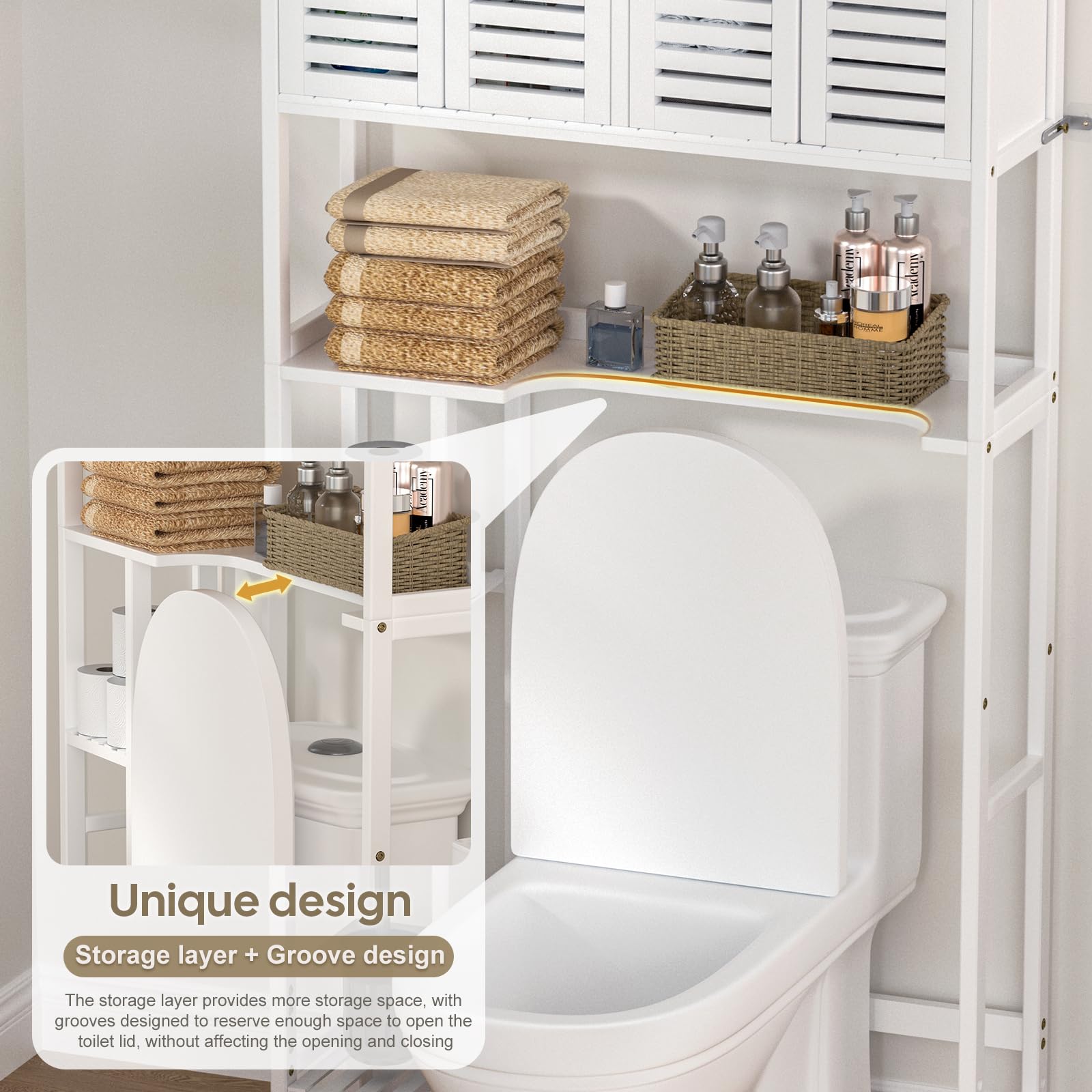 Cozivolife Over The Toilet Storage Cabinet with Toilet Paper Holder Stand,Bamboo Bathroom Organizer Shelf with Four Door and Waterproof Feet Pad,Space Saver Storage Rack with Anti-Tip Design (White)