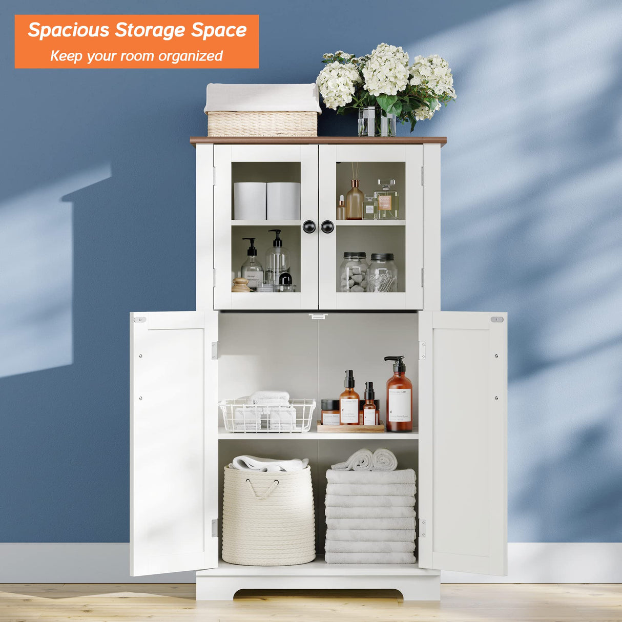 Bathroom Storage Cabinet with Glass Doors, Farmhouse Wooden Free Standing Cupboard