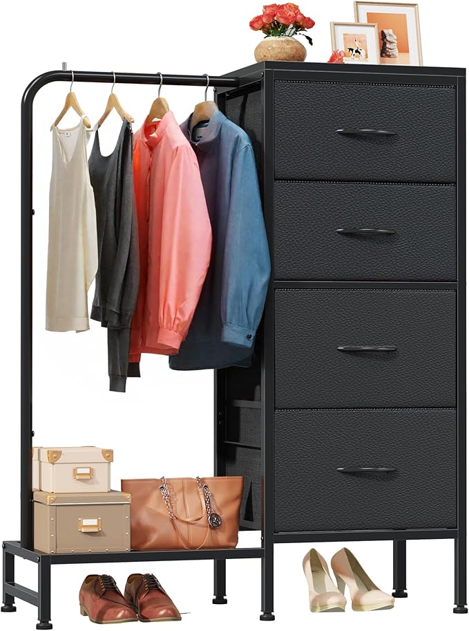 Hanging Rack, 4 Drawers Small Dresser for Bedroom, Reversable Fabric Kids Dresser