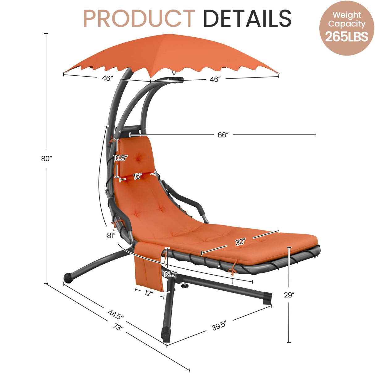 Outdoor Hanging Chaise Lounge Chair Hammock Chair w/Built-in Pillow