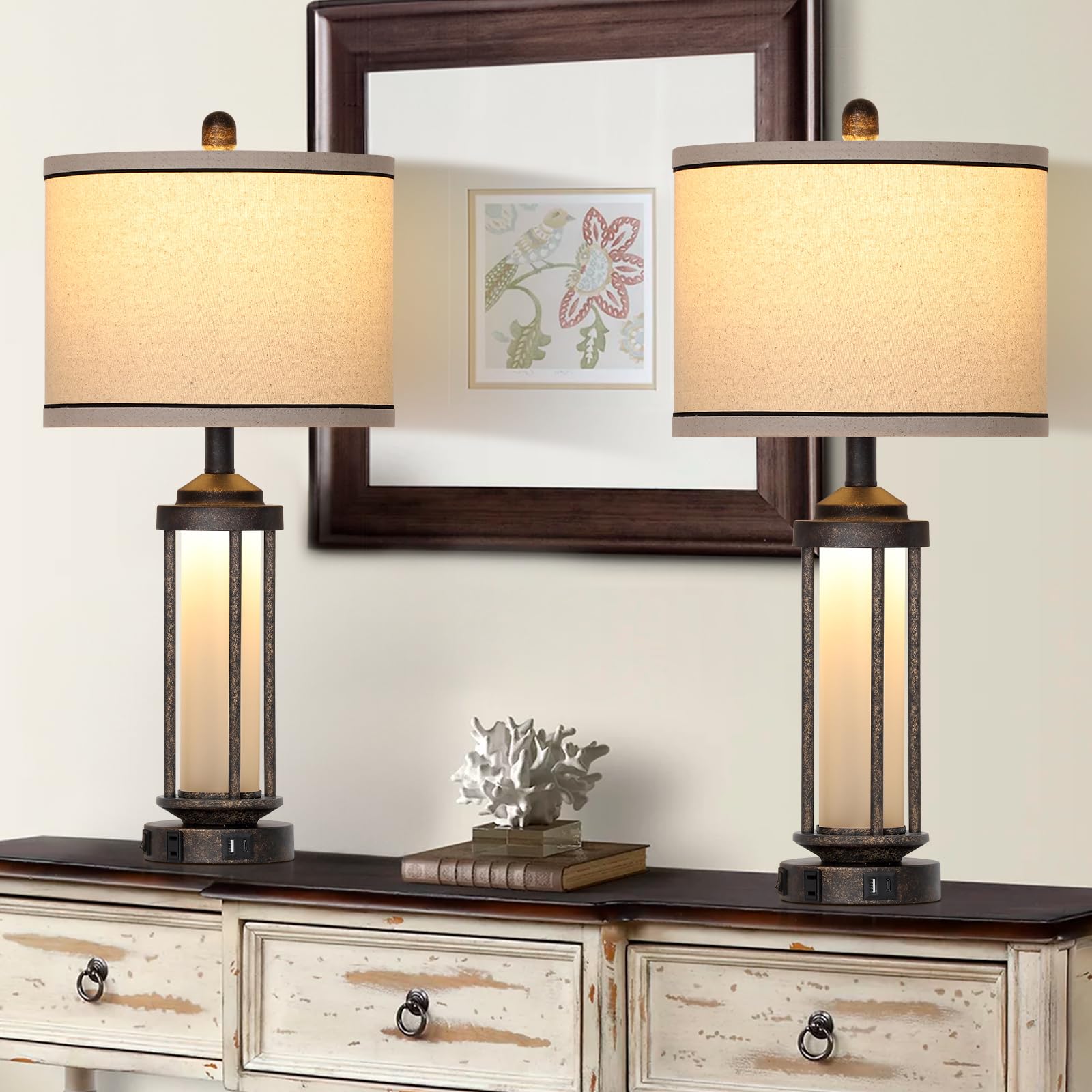 27" Farmhouse Industrial Table Lamps, Vintage Rustic Retro Beside Lamps