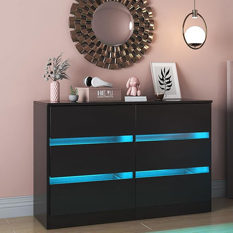 6 Drawer Dresser with LED Light, White Dresser with Tempered Glass Panel, Modern