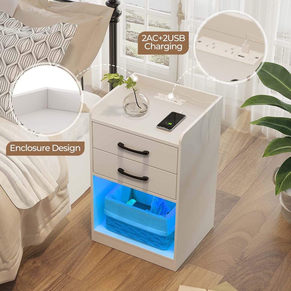 Nightstand with Charging Station and LED Lights, Modern Night Stand with 2 Drawers and Storage