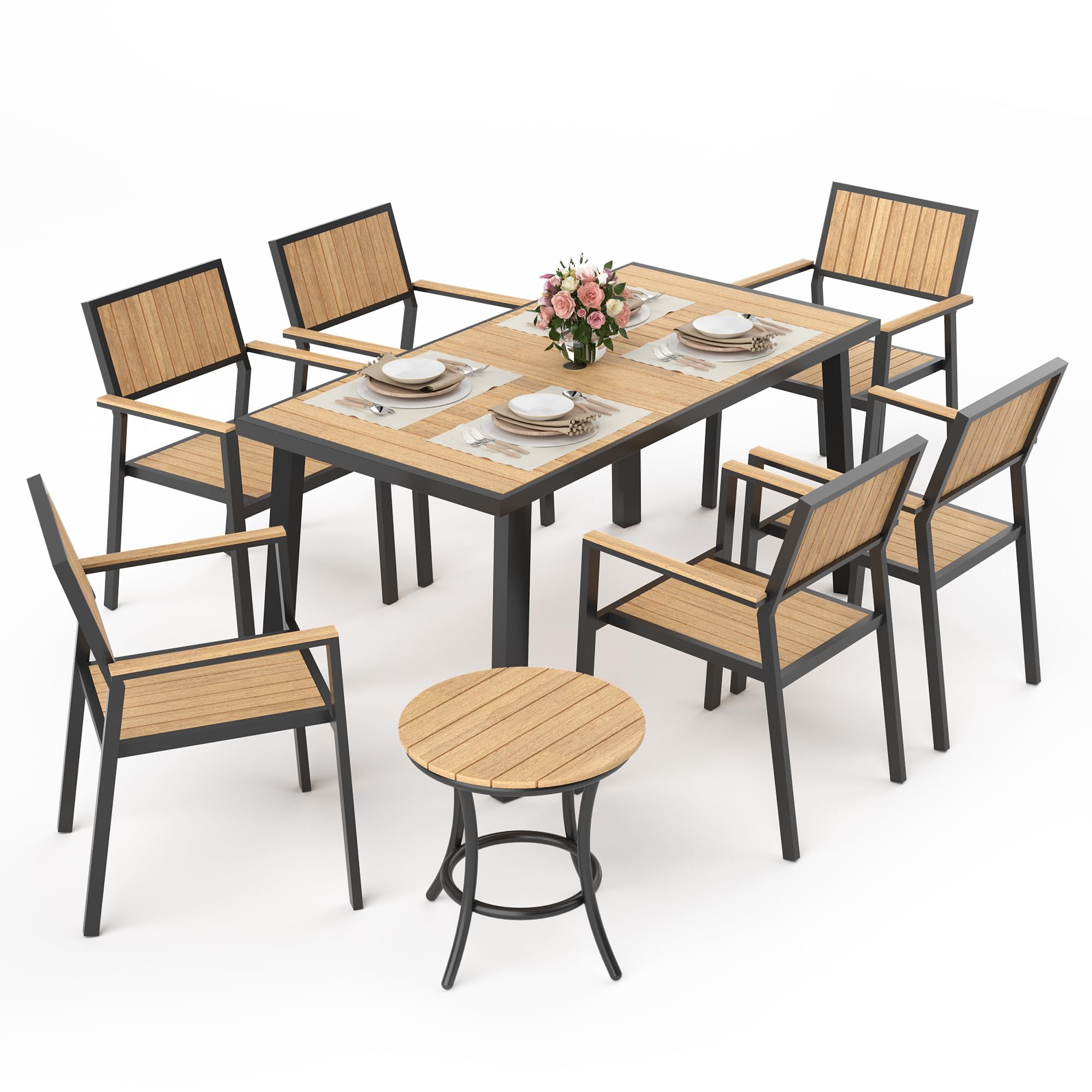 8-Piece Patio Dining Set，Outdoor Aluminum Furniture Set with Plastic-Wood Table Top