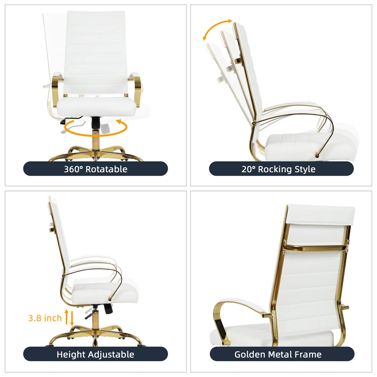 High Back Executive Office Chair - Ribbed PU Leather with Gold Frame