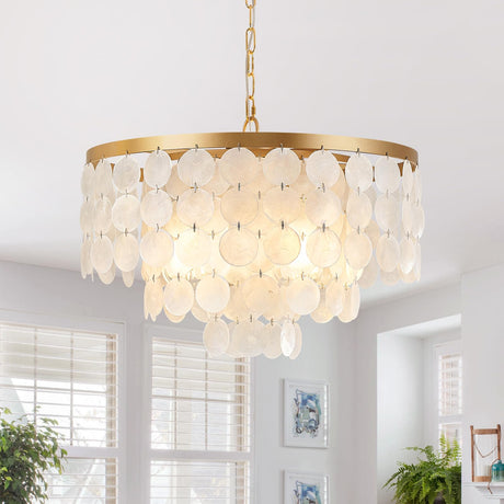 Shell Chandelier, White and Gold Chandelier Light Fixture with 4 Lights Capiz Seashell