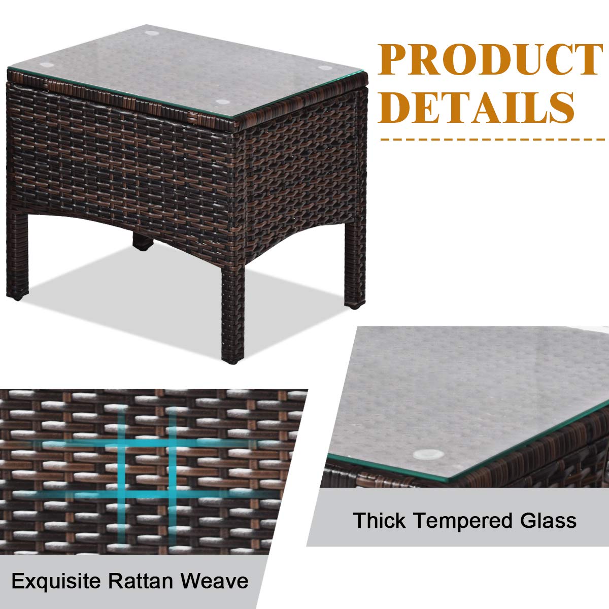 3 Piece Outdoor Patio Furniture Set for 2, Wicker Chairs with Glass Top Coffee Table