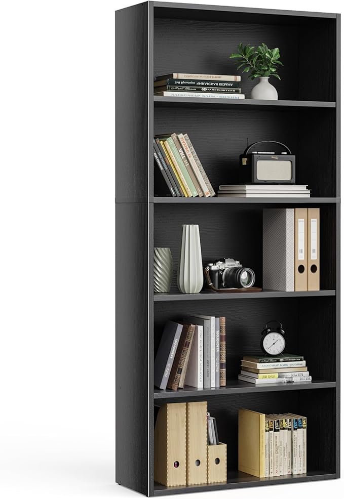 Industrial 6 Shelf Bookcase - Large 63 Inch Tall Floor Standing Open Bookshelf for Home Office, Living Room, and Bedroom Storage, Classic Black