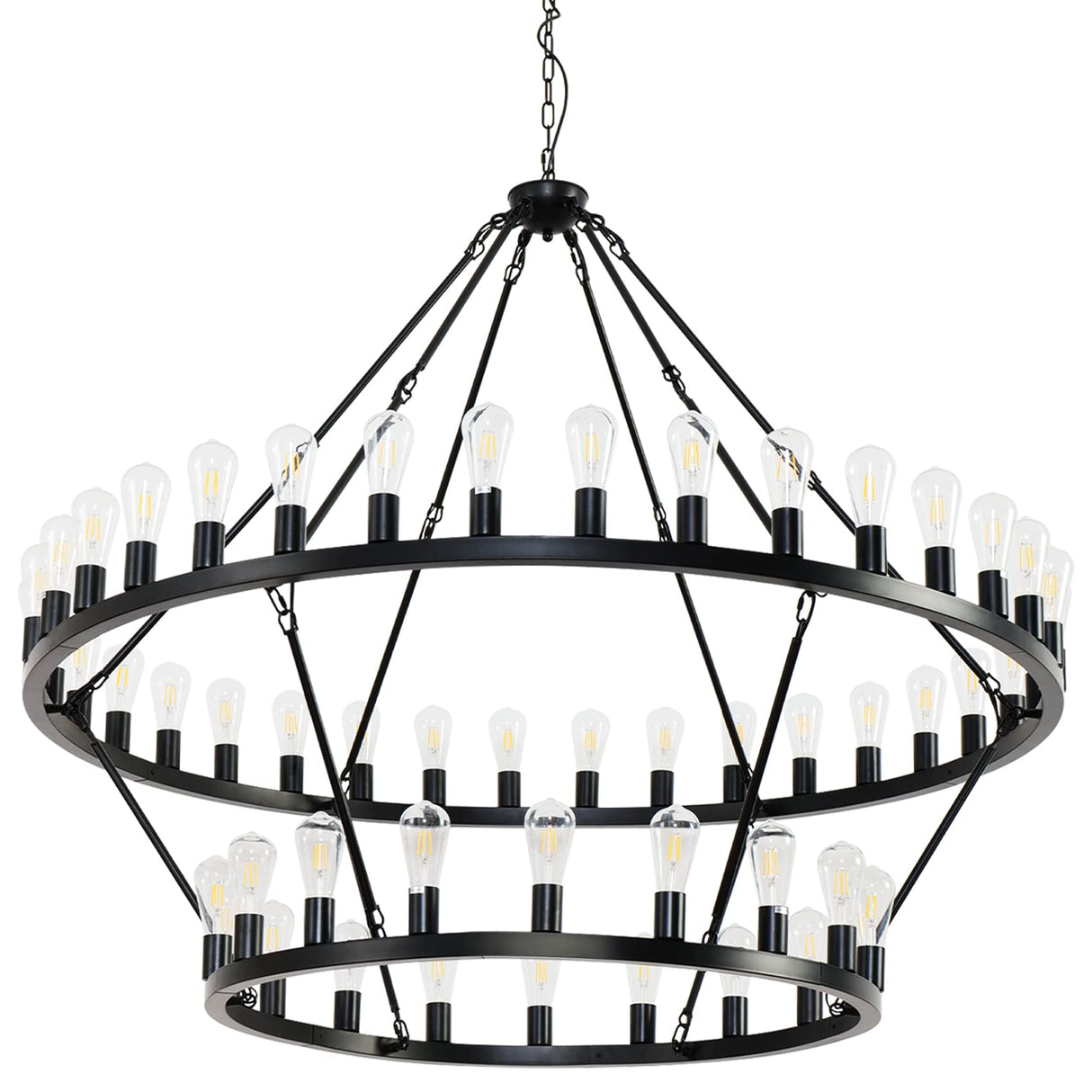 60 Inch Black Extra Large Wagon Wheel Chandelier, 2 Tier 54-Lights Farmhouse Industrial