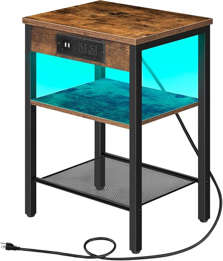 Side Table with Charging Station and LED Lights, Small End Table with Storage Shelves