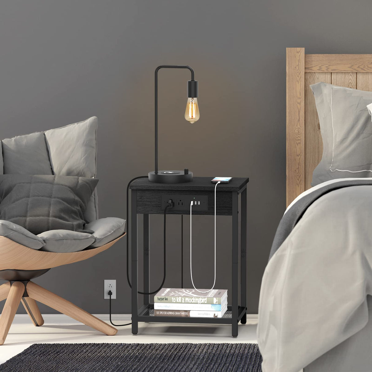 Black Nightstand, Bedside Table with Charging Station, Small End Table with USB Ports