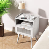 Century Modern Nightstand with Charging Station, Bedside Tables with Glass Decorative Door,