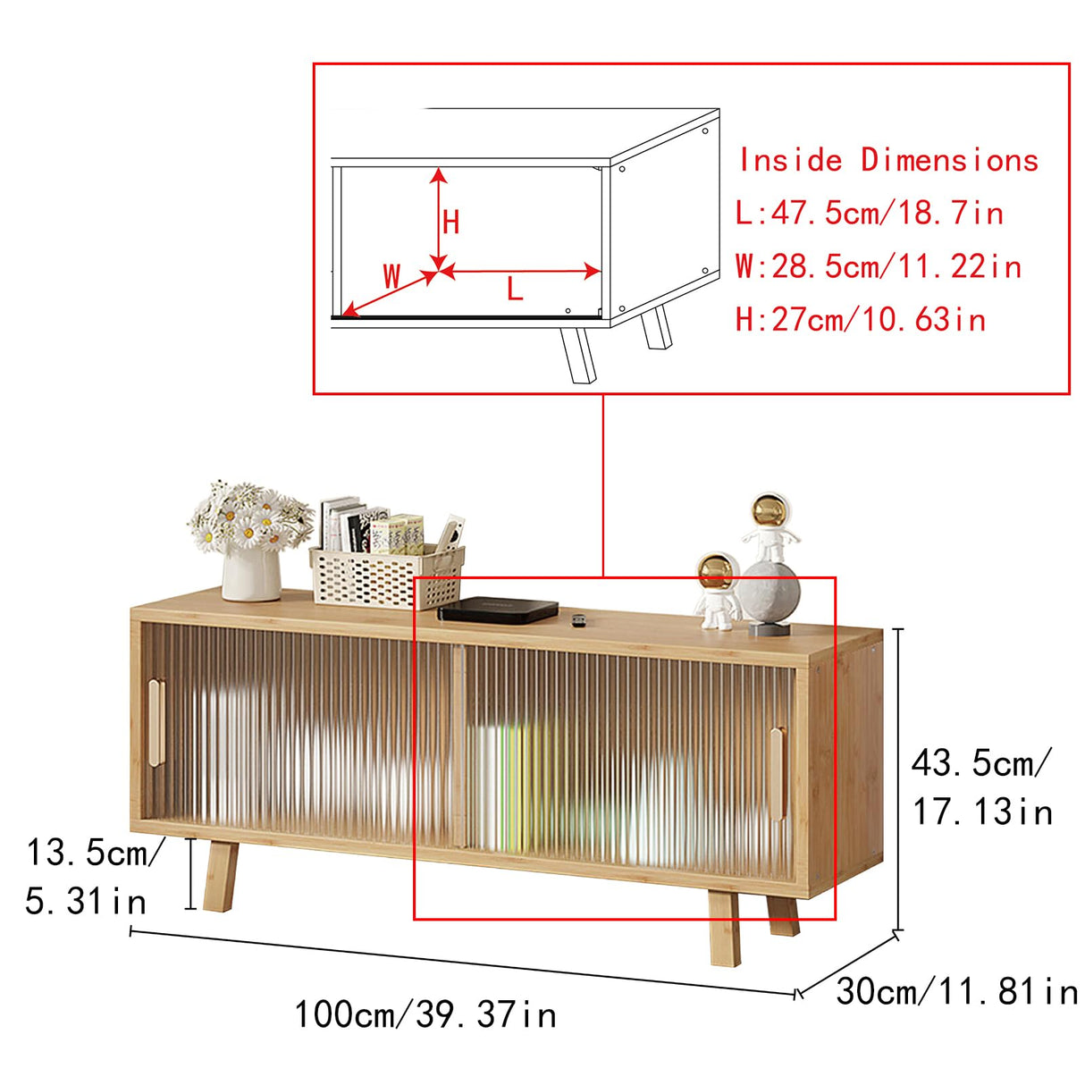 39.4" Small TV Stand for TV, Bamboo Entertainment Center with 2 C