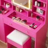 Vanity with Lighted Mirror Bedroom Vanity Desk with Charging Station Large Vanity Set with Transparent Desk, Drawers, Cabinet, Shelves for Storage in Bedroom, Pink