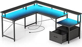 68" L Shaped Desk with Power Outlet & LED Strip