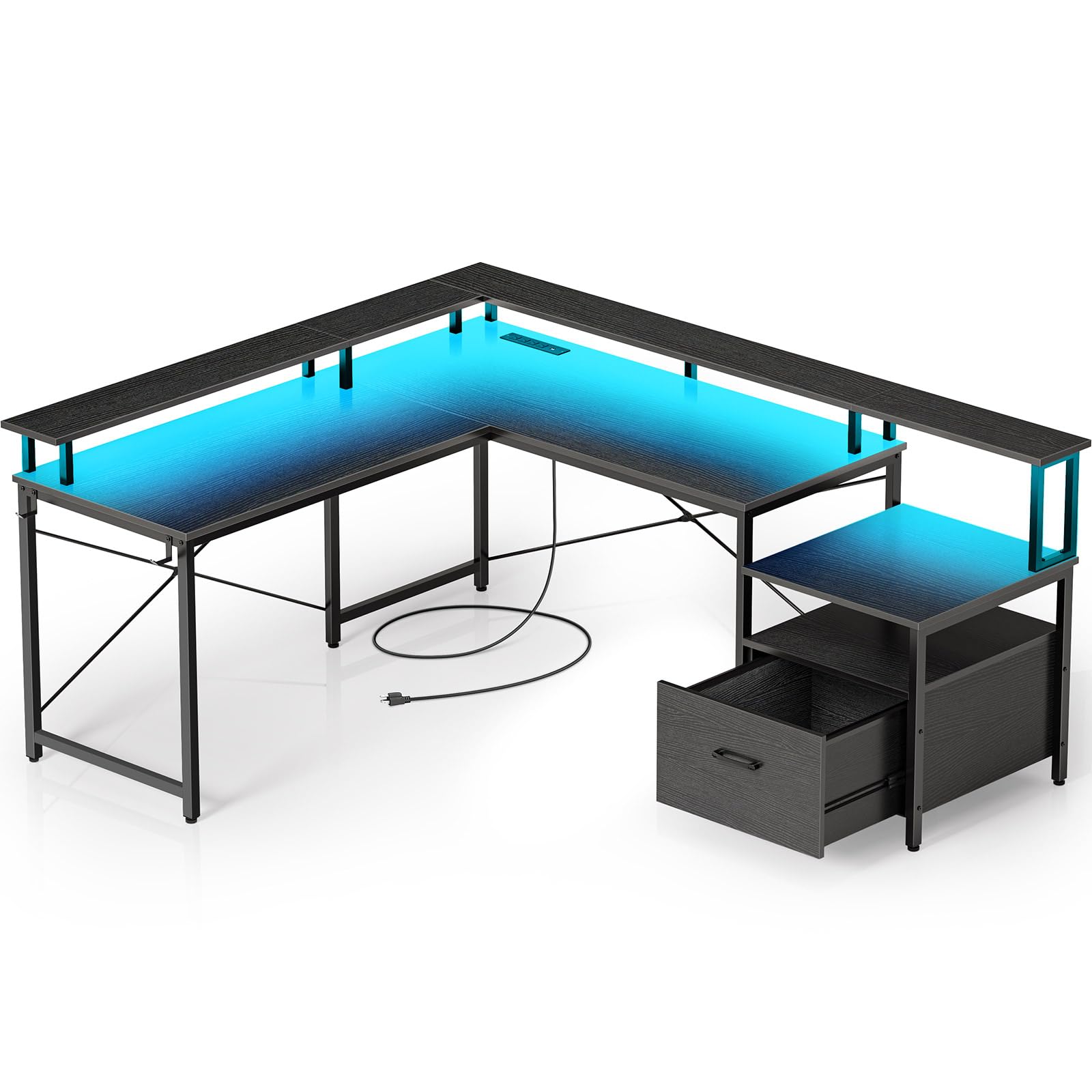 Computer Desk with File Drawer, 64" Reversible L Shaped Desk with Power