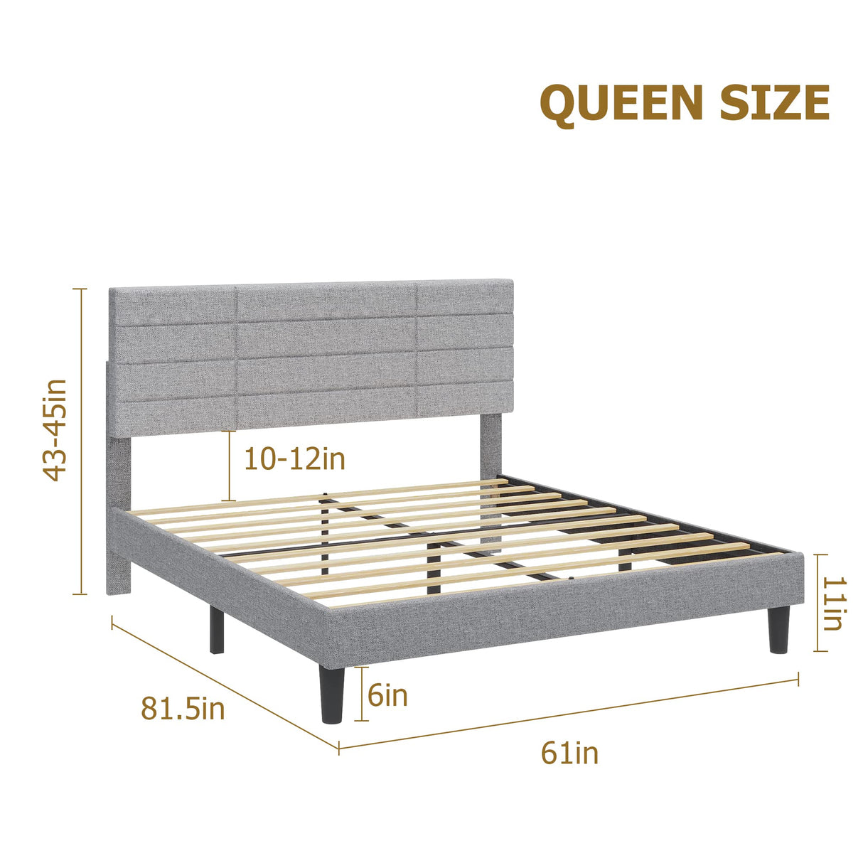 Bed Frame Queen Size Upholstered Platform Beds with Headboard Linen Fabric Wood