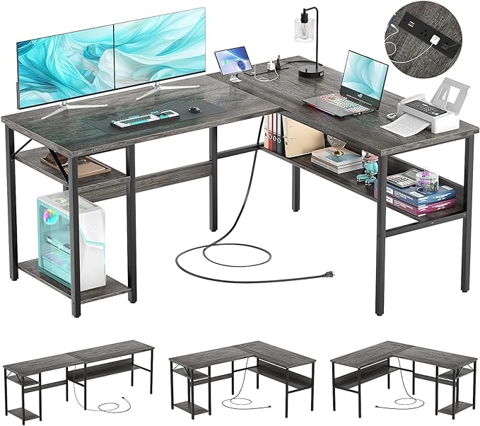 Reversible L Shaped Computer Desk with Power Outlets and USB Charging Ports