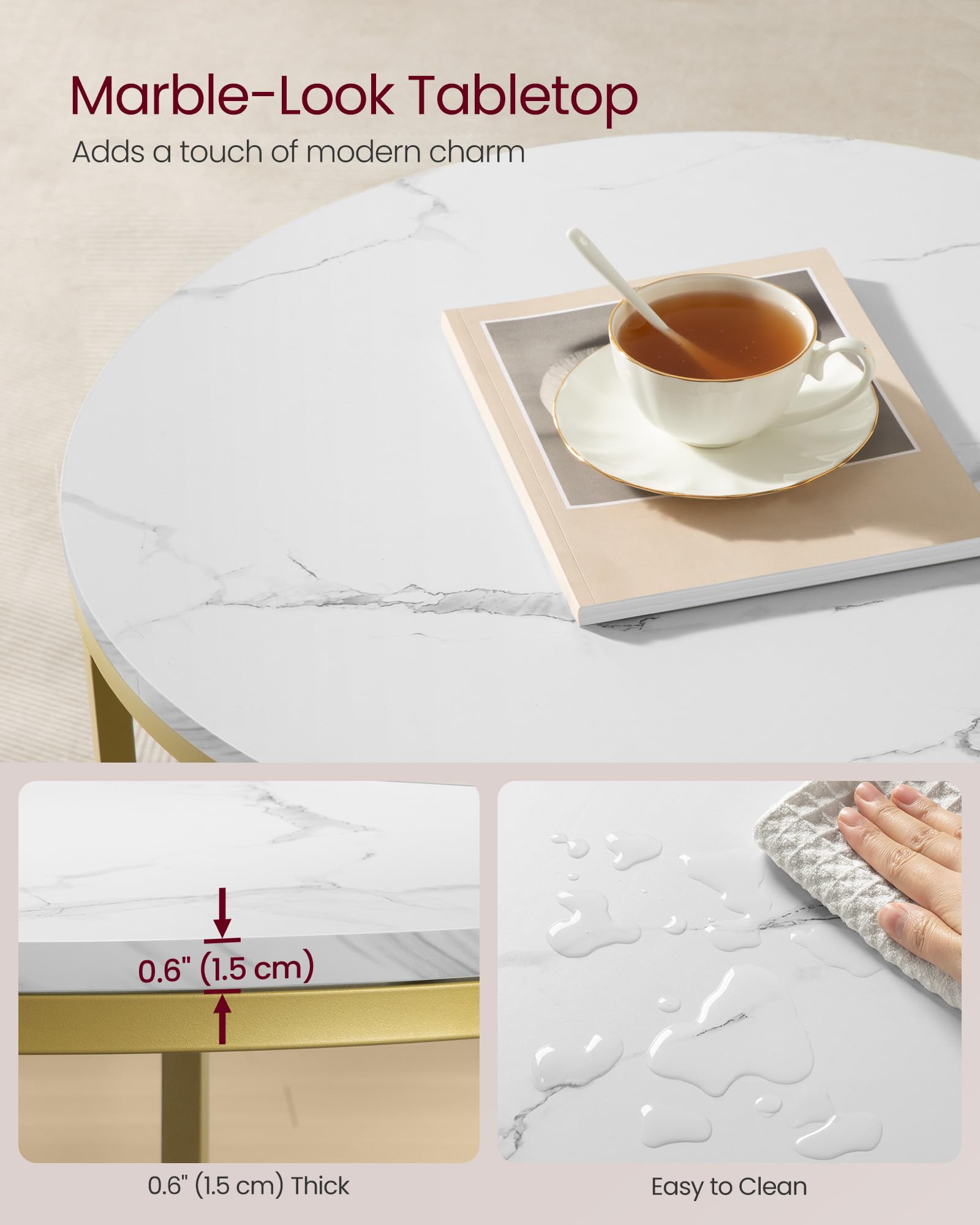 Round Coffee Table, Small Coffee Table with Faux Marble Top and Glass Storage Shelf