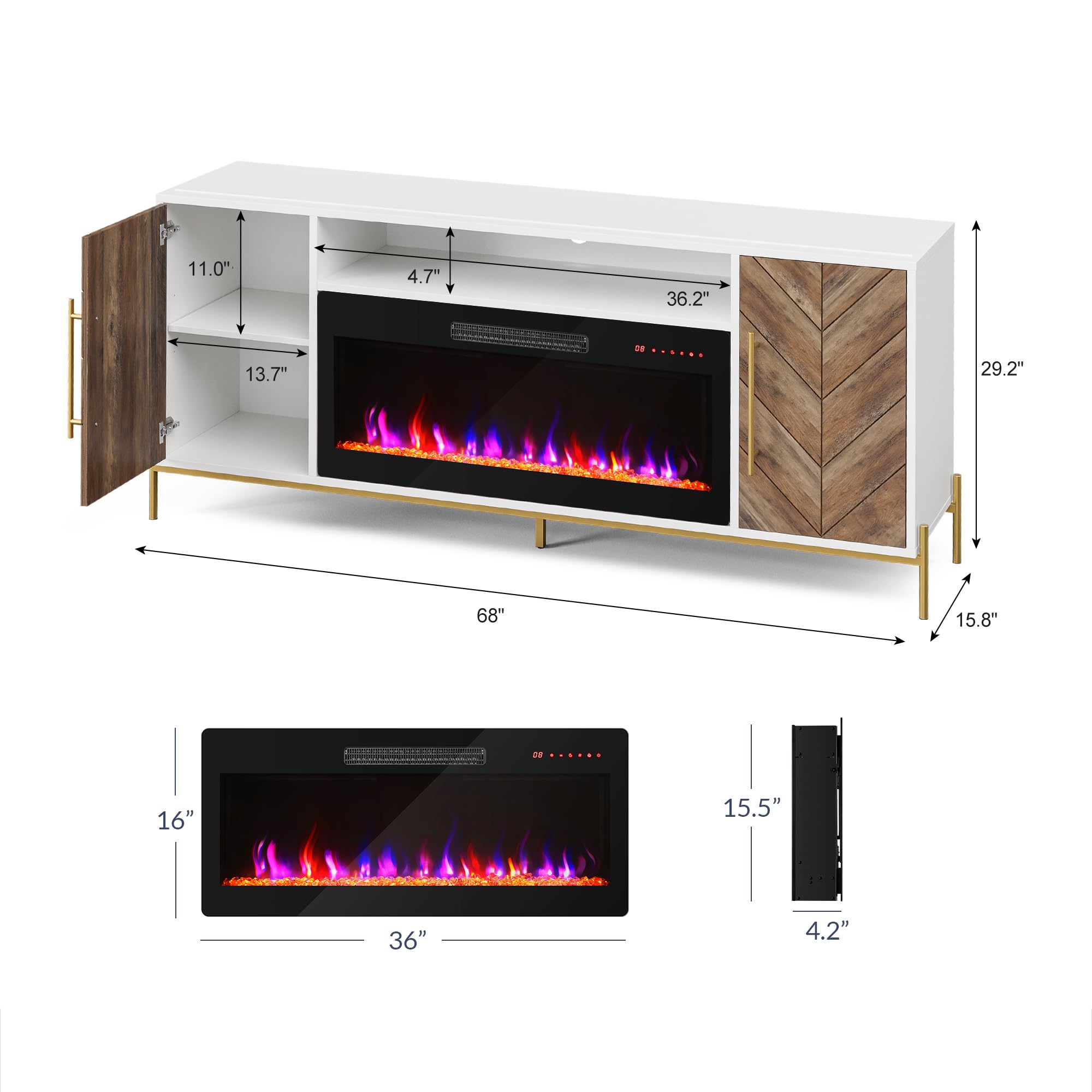 68" Wood TV Stand with 36" Electric Fireplace - White Ebony