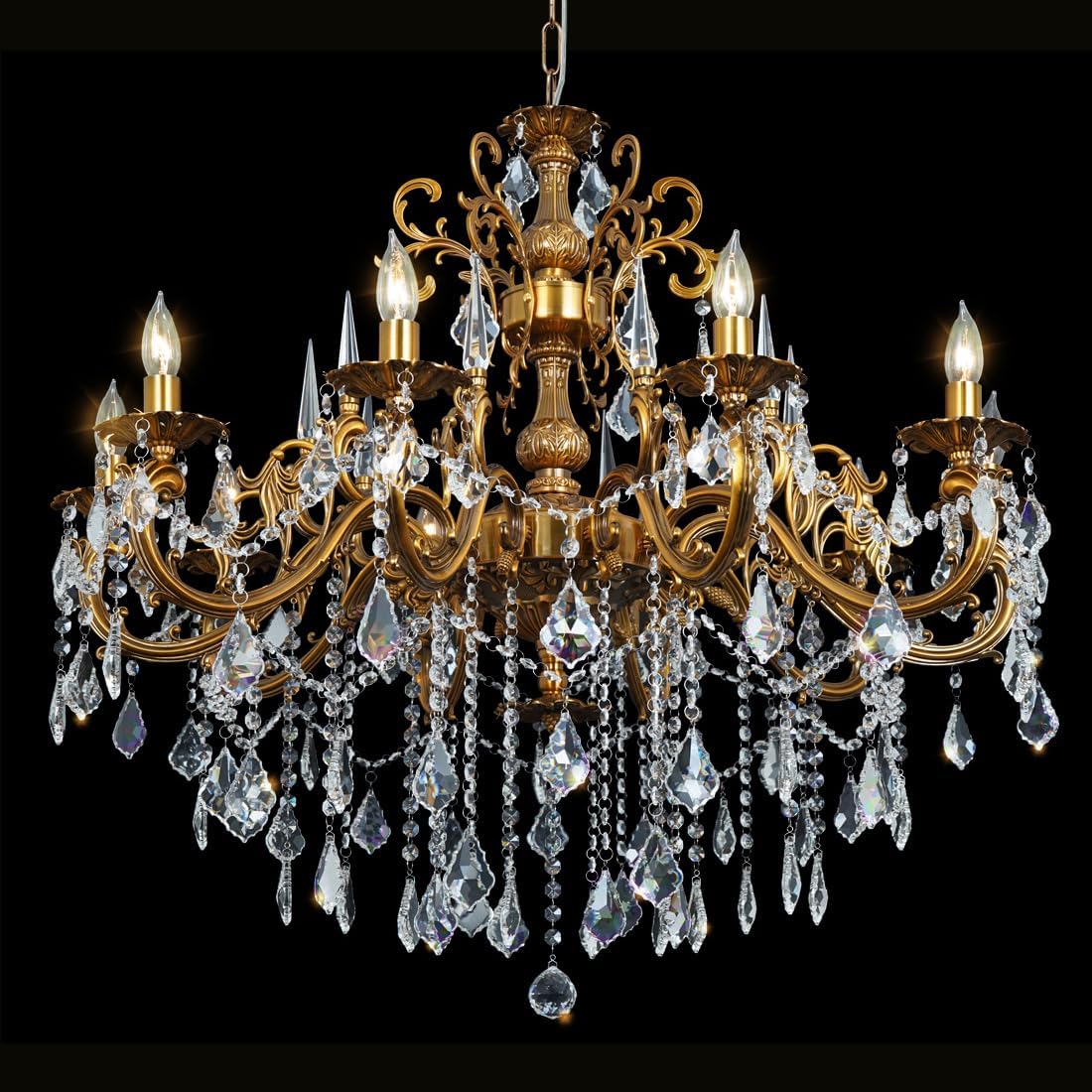 Crystal Chandeliers Antique Gold Farmhouse Chandelier Lighting for High Ceiling 10-Light