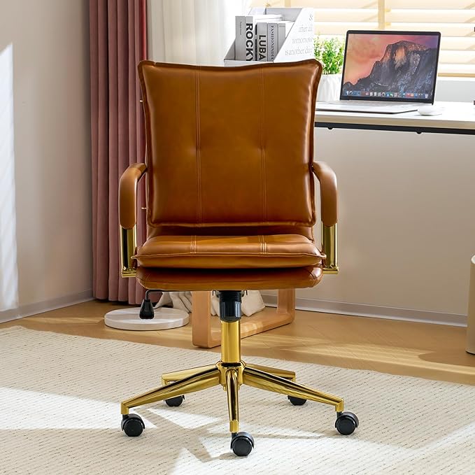 Mid-Back Ergonomic Leather Office Desk Chair, Modern Upholstered Computer Chair