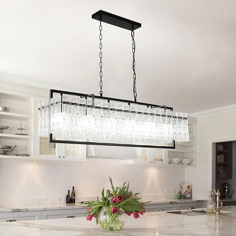 Modern Rectangular Crystal Chandelier, 4-Light Black Linear Farmhouse Lighting, 34”