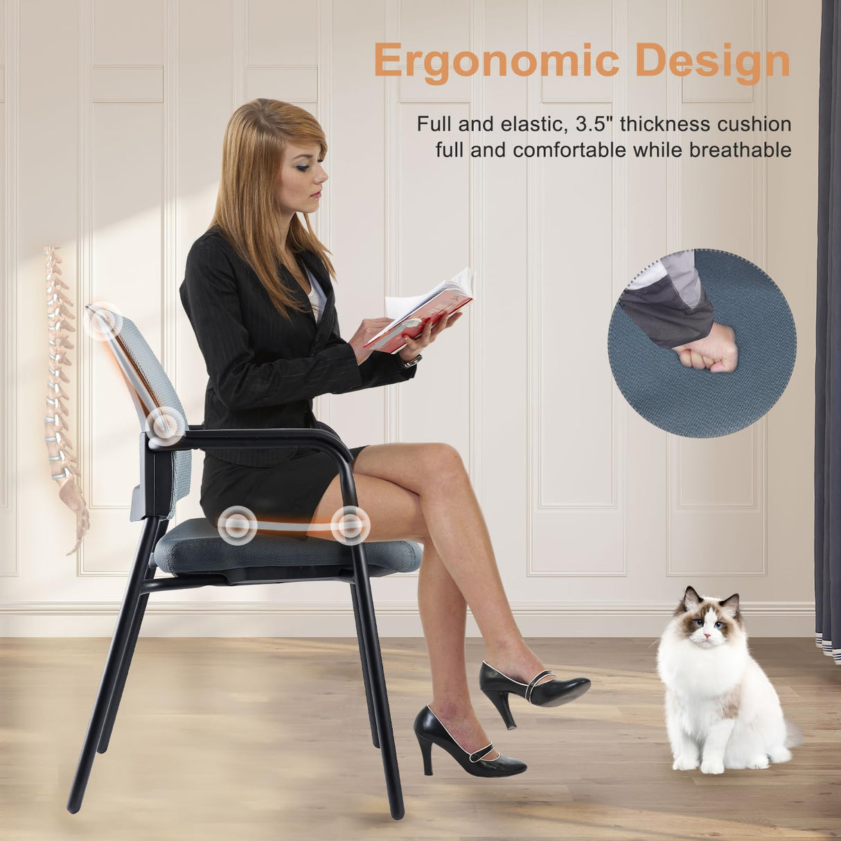 Office Reception Guest Chair Mesh Back Stacking with Ergonomic Lumbar Support