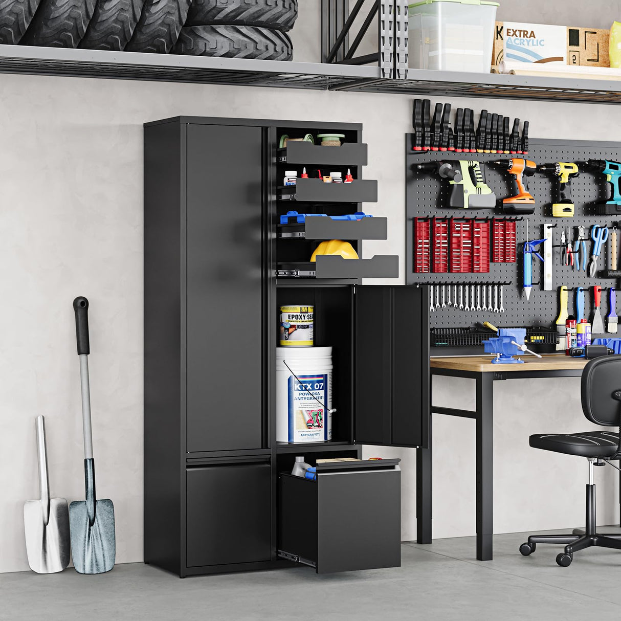 Metal Garage Storage Cabinet with 2 Drawers, 71" Heavy Duty Tool Cabinet with 2 Door