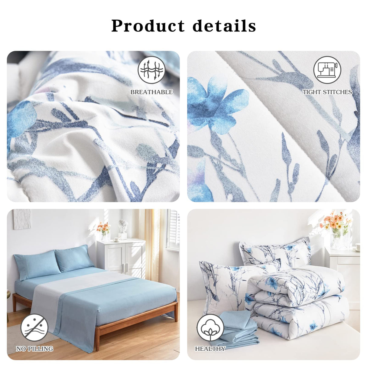 Bed in a Bag Twin Comforter Set with Sheets, Blue Flower Branch on White Botanical