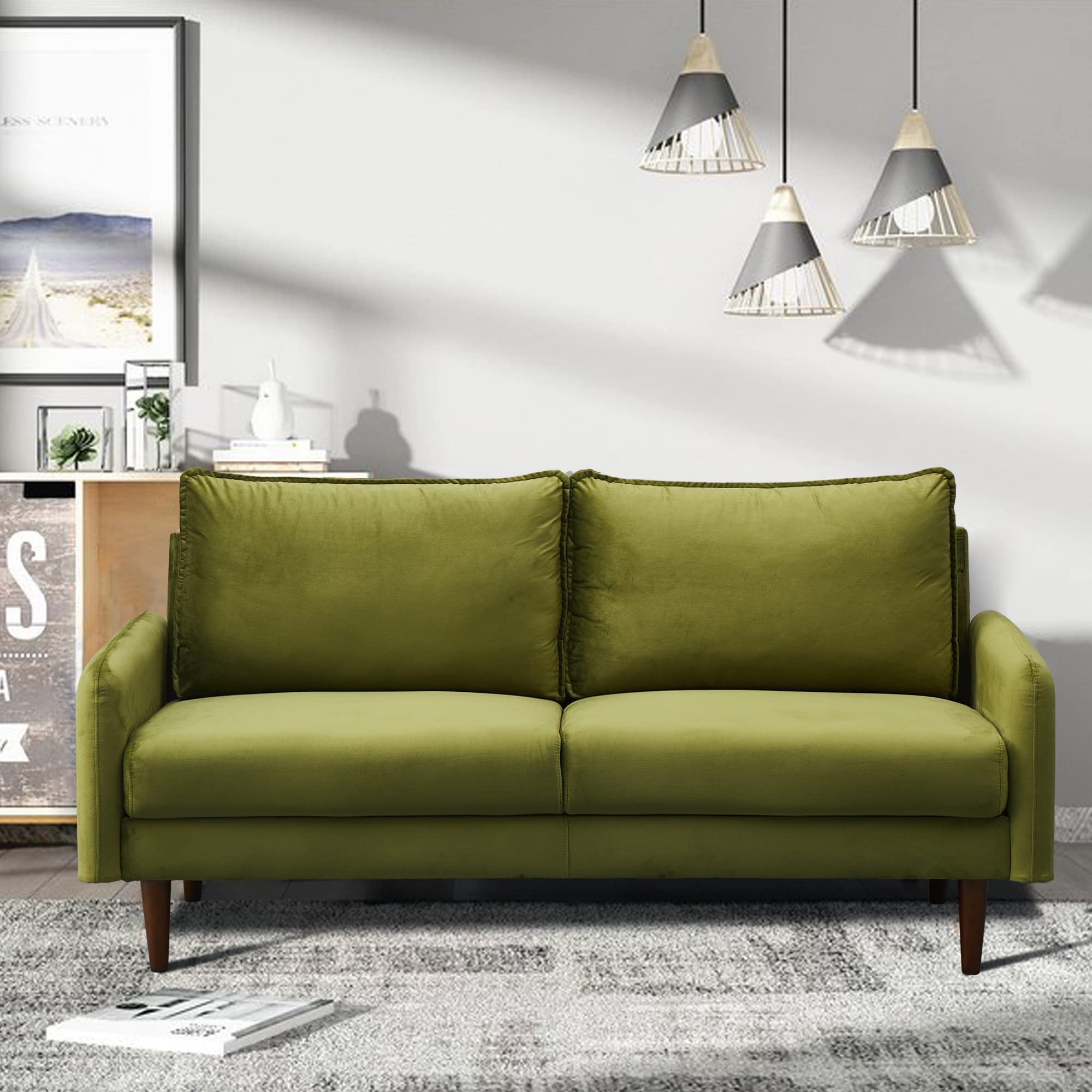 Velvet Sofa Mid-Century Modern Couch with Wooden Legs for Living Room - Army Green