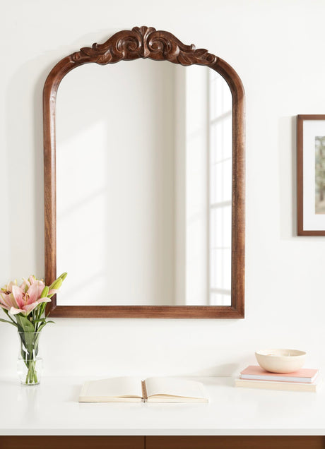 Kate and Laurel Arendahl Traditional Arch Wall Mirror, 24 x 36, Walnut Brown, Vintage Baroque-Inspired Wooden Arched Bathroom Mirror for Over Sink with Ornate Carved Crown