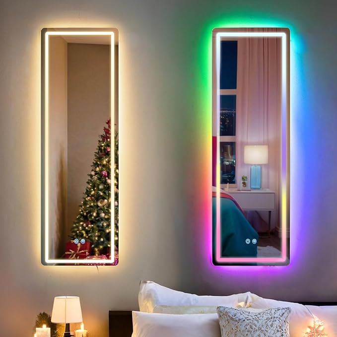 LED Door Mirror Full Length, Over The Door Hanging Lighted Mirror, Full Body Wall Mounted Mirror, Light Up Long Dressing Mirror 42.5" X 14.4"