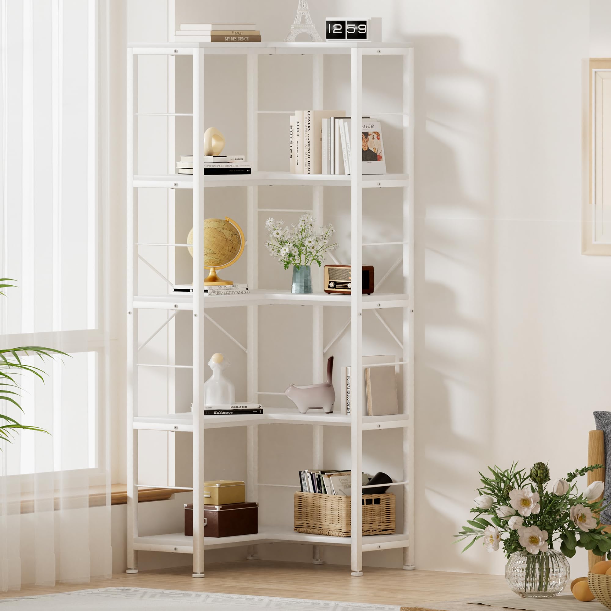 5-Tier Corner Bookshelf, 70.86" Tall Corner Bookcase,5-Shelf Modern L-Shaped Coner Shelf with Metal Frame for Home Office,Living Room,Bed Room(White)
