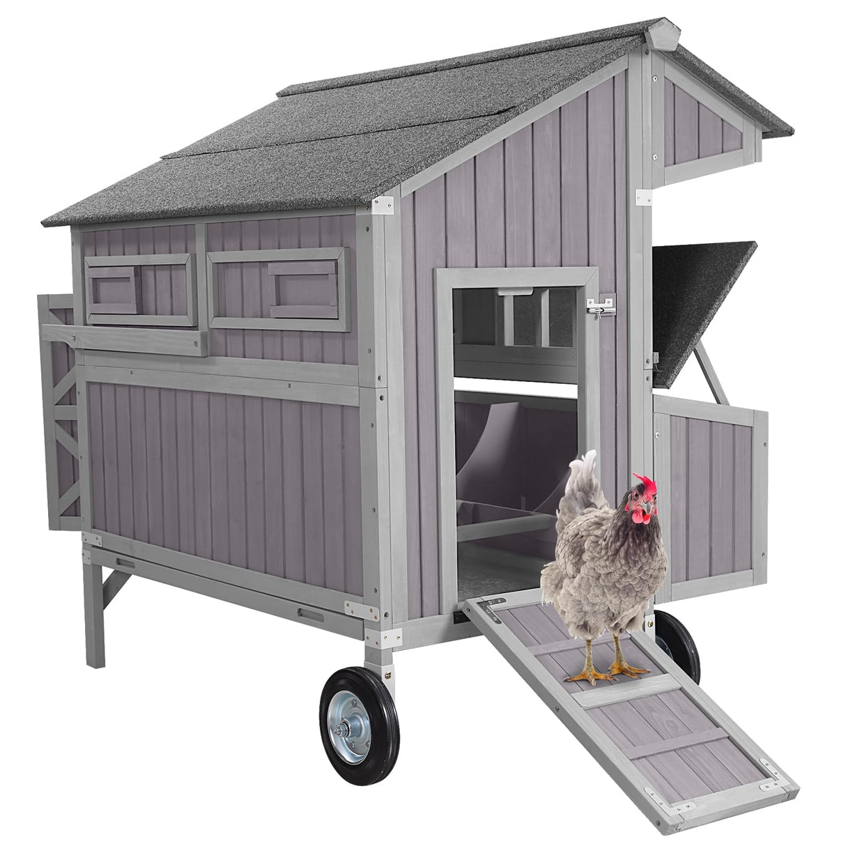 Chicken Coop Upgrade Durable Outdoor Chicken House with Large Wheels, Nesting Box, Leakproof Pull-on Tray and UV-Resistant Roof Panel (Grey)