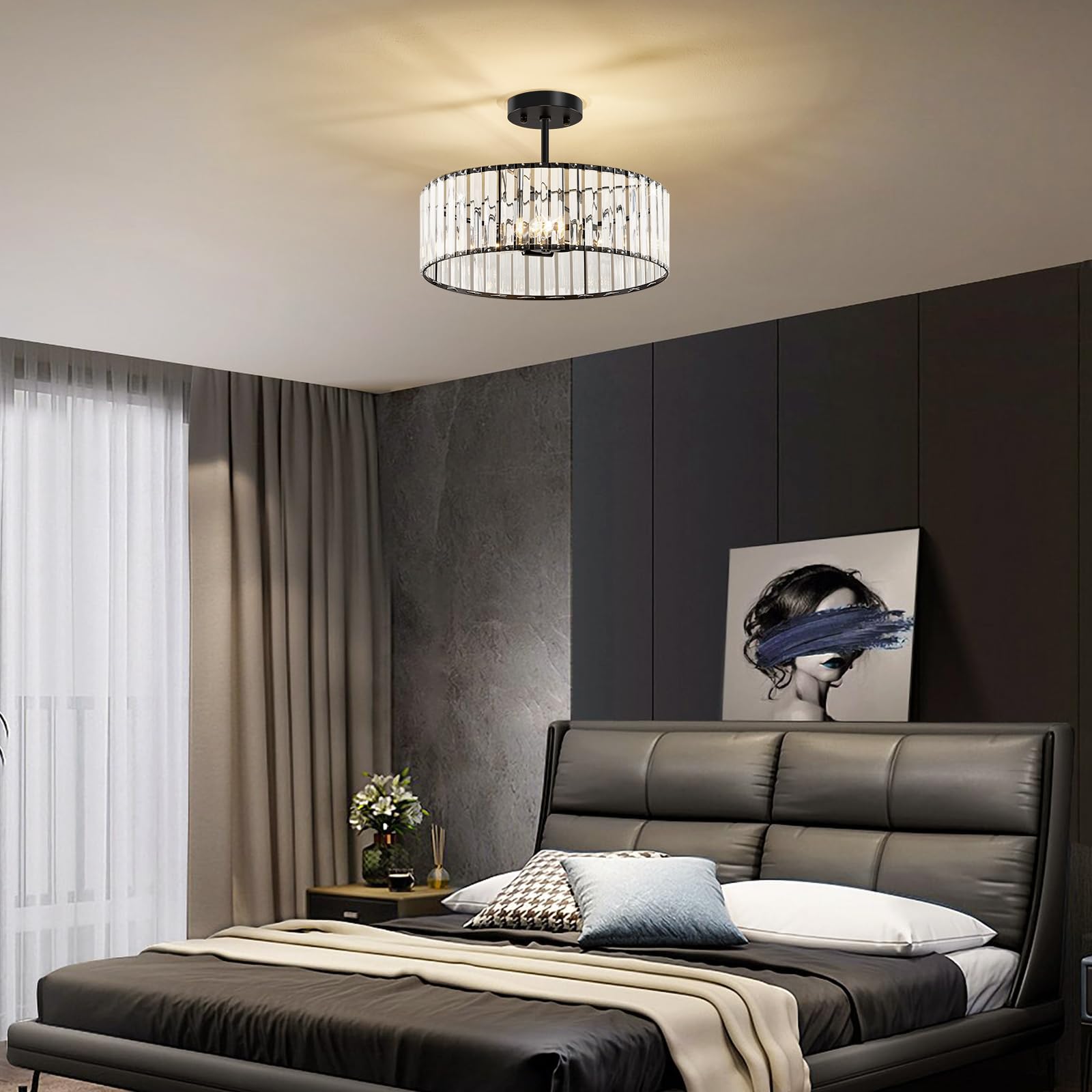 Modern Black Semi Flush Mount Ceiling Light Crystal 3-Light Light