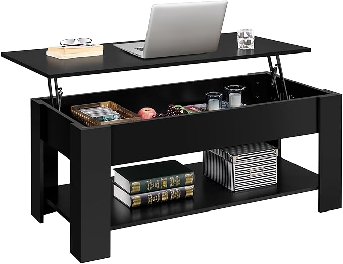 Coffee Table with Hidden Compartment and Storage Shelf, Rising Tabletop Dining Table